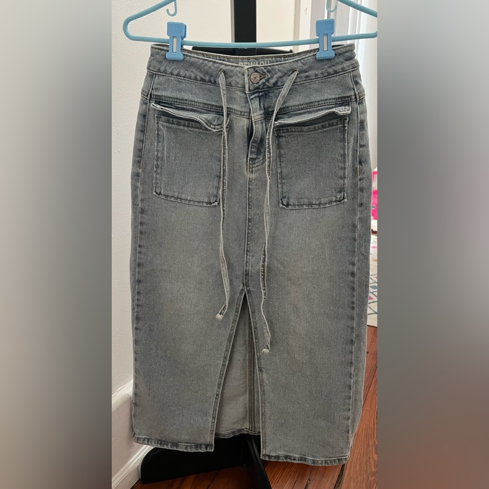 Denim Skirt Drawstring Midi Front Slit Pockets 1/25